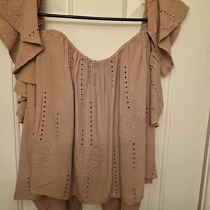 Astr Women's Blouse with Eyelet Design in Tan